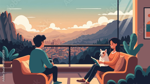 Couple and dog enjoy scenic mountain city view from balcony