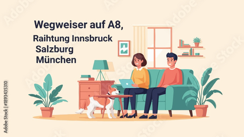 Couple and dog relax at home near a window