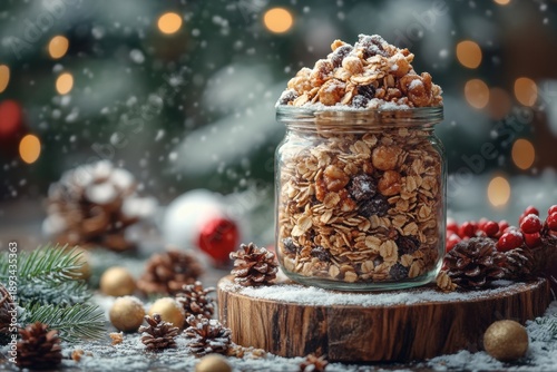 Jar filled with grains and nuts.