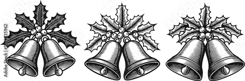 Vintage christmas bells with holly leaves and berries in black and white engraving