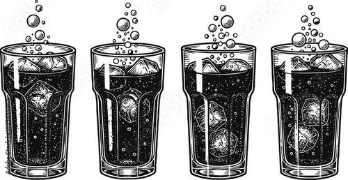 Four glasses of soda with ice cubes and bubbles in black and white sketch