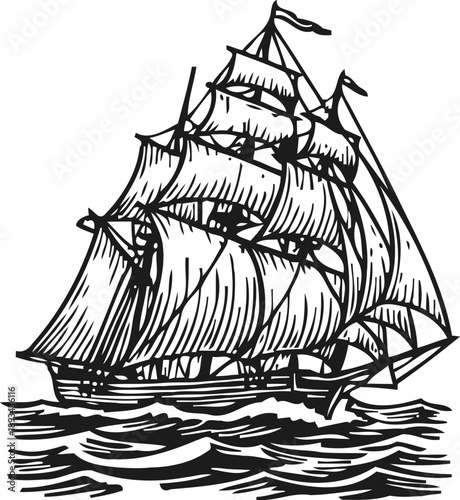 Classic tall sailing ship with full sails on ocean waves vintage nautical design