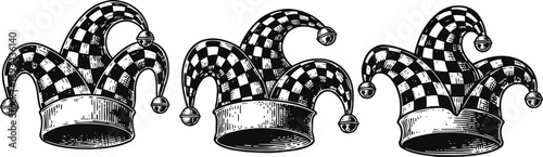 Vintage jester hats with checkered patterns and bells, medieval carnival costume accessories collection