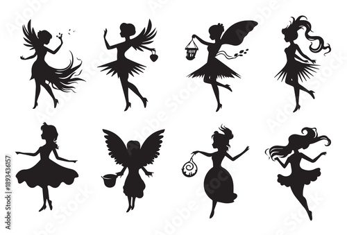 set of silhouettes magical fairies in the cartoon style