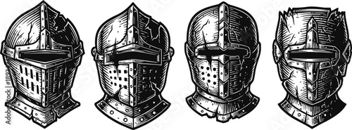 medieval knight helmets set four detailed vintage armor helmets with visors and rivets old european warrior protection gear