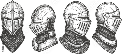 Medieval knight helmets set detailed vintage armor head protection illustration in different angles and perspectives