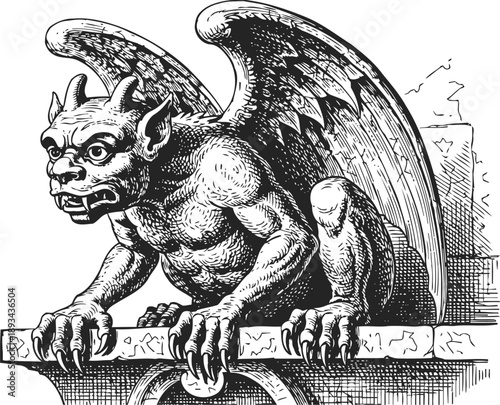 Gargoyle sculpture perched on ledge with wings and fierce facial expression detailed in black line art