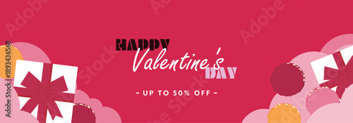 プレゼントボックスとマカロンで飾られたハッピーバレンタインの広告バナー背景テンプレート（ピンク）　Happy Valentine's Day ad banner background template decorated with gift boxes and macarons (pink)