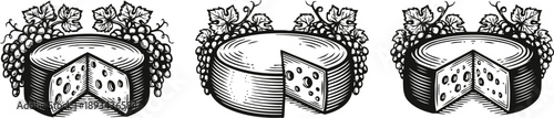 round cheese wheels with grape bunches vintage black and white dairy food illustration collection