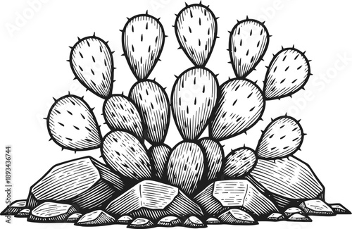 Prickly pear cactus black and white ink drawing desert plant with rocks and spines illustration