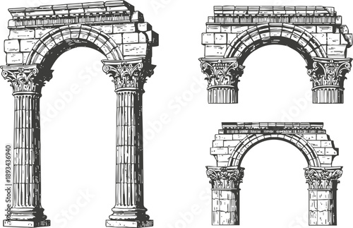 Ancient classical archways with corinthian columns and detailed stone masonry architectural elements