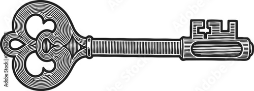 Antique ornate skeleton key with intricate heart shaped bow and detailed shaft design, vintage