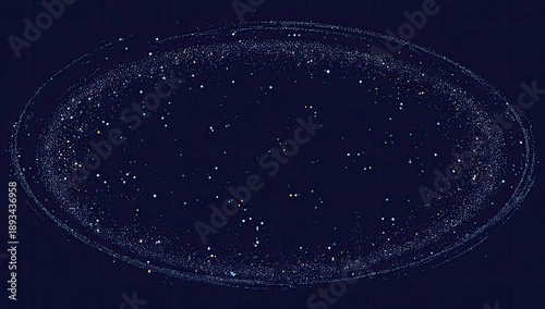 Digital oval, filled with myriad dots of color on a dark blue background