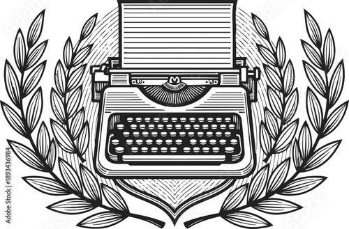 Vintage typewriter with laurel wreath classic writing machine with paper and decorative leaf branches frame
