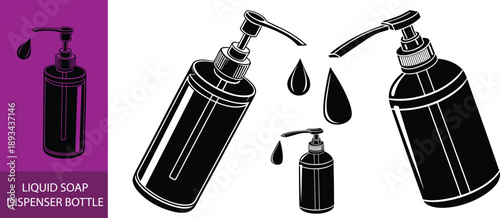 Black silhouette icon of a liquid soap dispenser bottle with a pump releasing a single drop of product against a white background