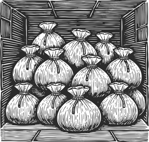 Money bags stacked inside wooden crate, vintage engraving illustration of secured cash storage