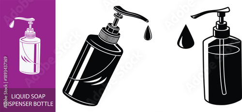 Black silhouette icon of a liquid soap dispenser bottle with a pump releasing a single drop of product against a white background