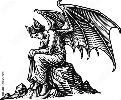 Melancholic demon sitting on rock with large bat wings and horns in thoughtful pose