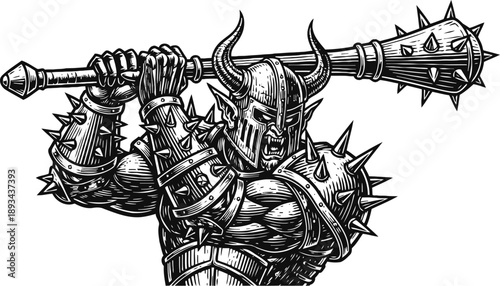 Aggressive armored warrior wielding spiked mace in battle ready pose with horned helmet and heavy armor