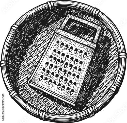 Metal hand grater on a woven basket tray vintage kitchen tool for grating food and ingredients