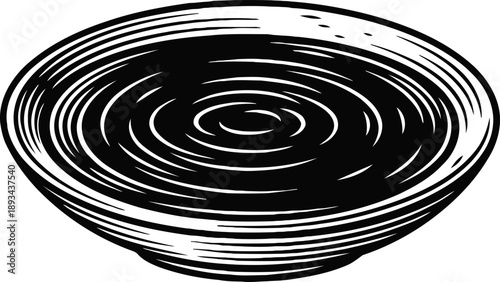 Woodcut empty bowl illustration with curved circular lines and engraved texture