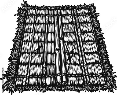 Traditional bamboo and straw mat woven together with natural fibers for rustic floor covering