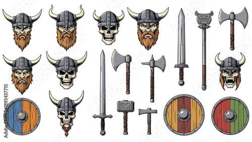Massive collection of viking warrior assets including heads, skulls, helmets, axes, swords, shields, and various medieval weapons.