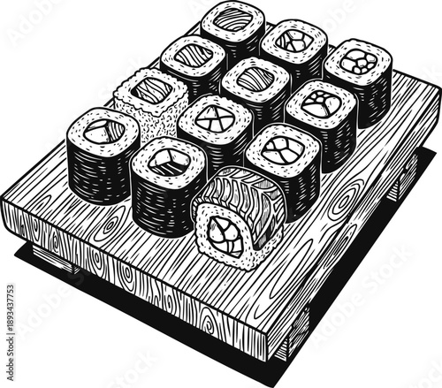 Sushi rolls served on wooden platter japanese cuisine variety with fresh seafood and rice