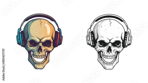 Two detailed illustrations of a human skull wearing headphones, one in color and one in black and white line art, for music themes.