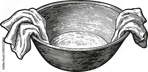 Vintage wooden bowl with cloth draped over edges, rustic kitchenware illustration