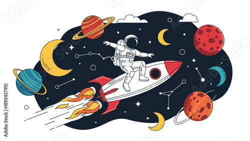Playful astronaut riding a rocket like a surfboard through a colorful galaxy filled with planets, stars, and crescent moons.