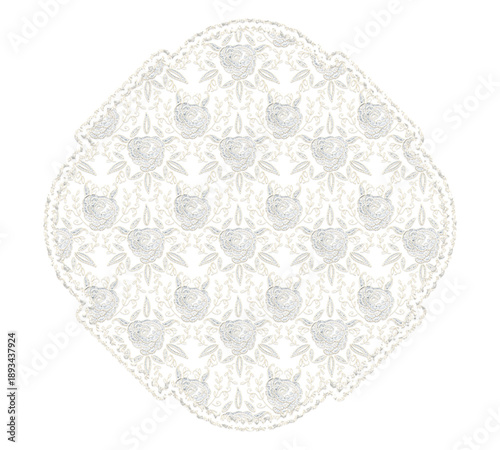 Beautiful floral lace label badge shape vintage element ornament, off white color, isolated with transparent background.