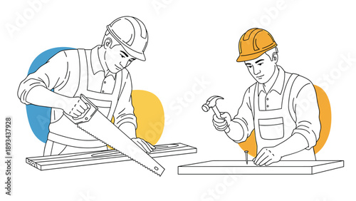 Two construction workers in hard hats, one using a hand saw and the other using a hammer and nail, shown in line art and color styles.