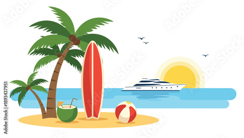 Tropical beach scene at sunset featuring palm trees, a surfboard, a coconut drink, a beach ball, and a yacht sailing on the ocean.