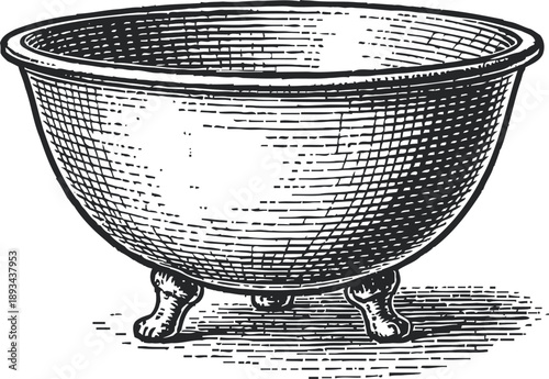 Vintage clawfoot bathtub illustration with ornate feet in black and white engraving