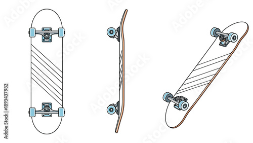 Three different perspectives of a skateboard deck showing the top, side, and bottom views with simple striped graphics and blue wheels.