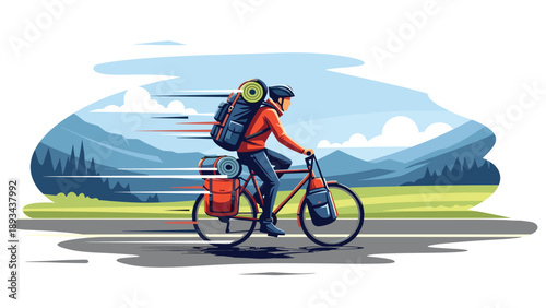 Cyclist with heavy backpacks and panniers riding a touring bike fast through a scenic mountain landscape during a long distance trip.