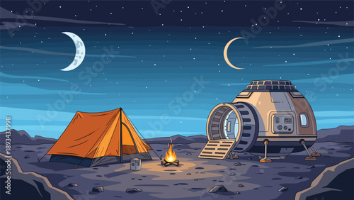 Futuristic campsite on another planet featuring a space pod, a tent, a campfire, and two moons in a dark starry night sky.