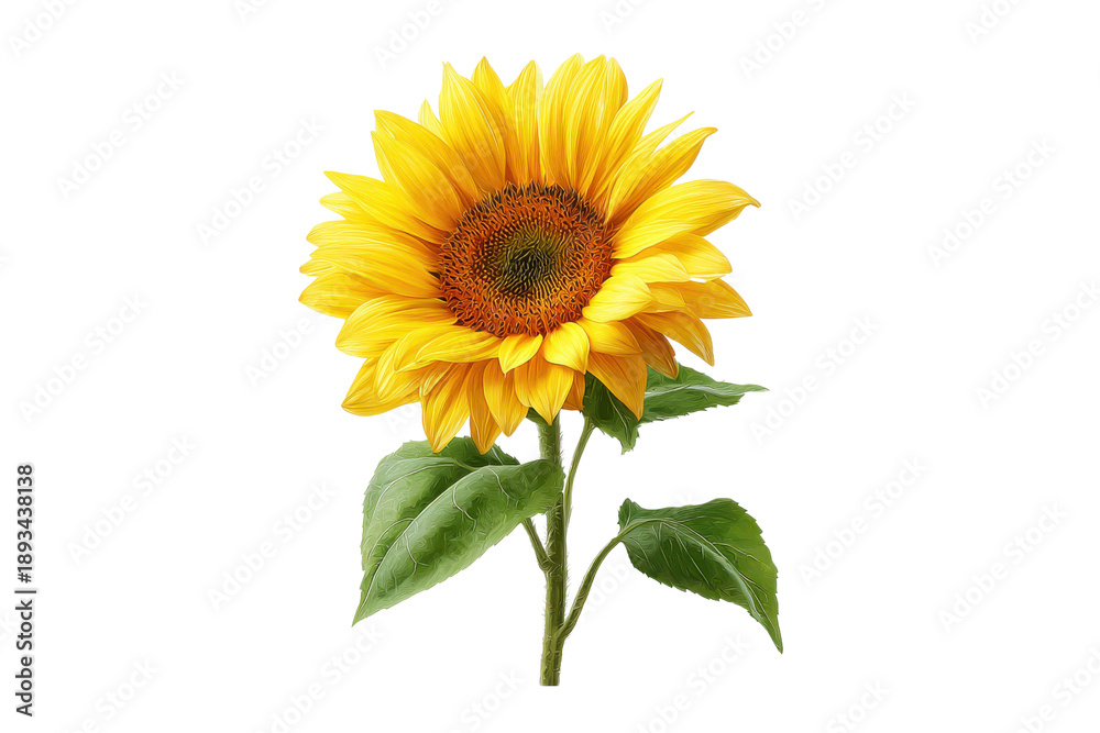 Obraz premium Single bright yellow sunflower with green leaves on black background bloom blossom, Isolated On White Background, Png Transparent
