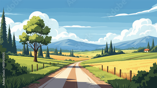 Peaceful countryside road leading through golden wheat fields towards distant blue mountains under a beautiful cloudy sky.