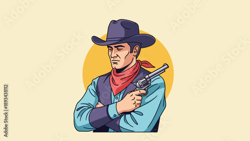 Serious cowboy in a purple hat and red bandana holding a revolver pistol against a warm yellow sunset background circle.