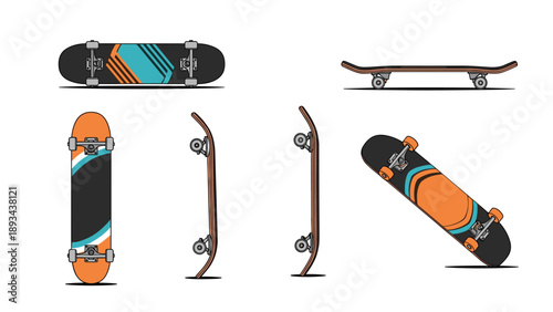 Set of skateboard illustrations from multiple angles showing the deck design with orange and blue stripes and black grip tape.