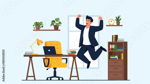 Successful businessman jumping for joy in his bright home office featuring a desk, yellow chair, laptop, and plant decorations.