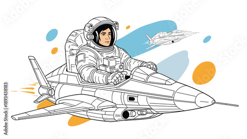 Astronaut piloting a small white spacecraft through a creative space environment with colorful abstract shapes and star patterns.