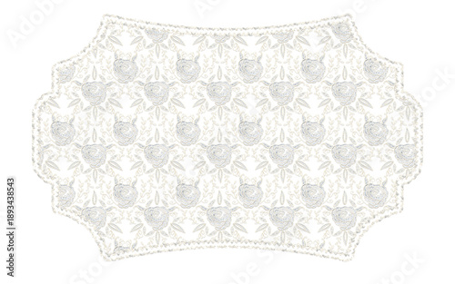 Beautiful floral lace label badge shape vintage element ornament, off white color, isolated with transparent background.