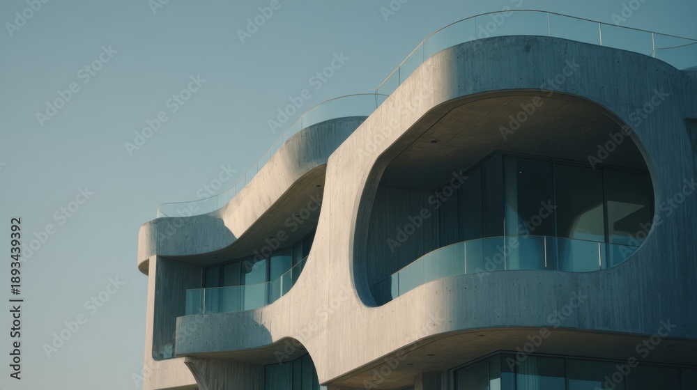 Obraz premium Modern building with unique design and glass balconies in urban setting during bright daylight hours