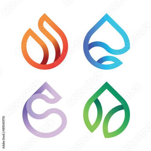 Four nature basic elements fire water wind and earth symbols with line teardrop shape minimal and gradient tone style vector design