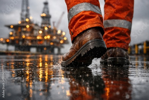 Industrial stride: A lone worker walks purposefully towards an industrial offshore rig, their boots reflecting the glimmer of rain on the wet surface. Illustrating the scale of the workplace