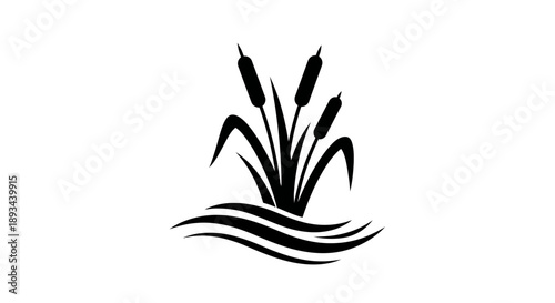 Black Silhouette of Cattails in Water.