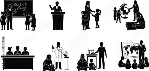 Cad drawing flat vector illustration, education silhouette icons,  science geography lecture concept sketch bundle